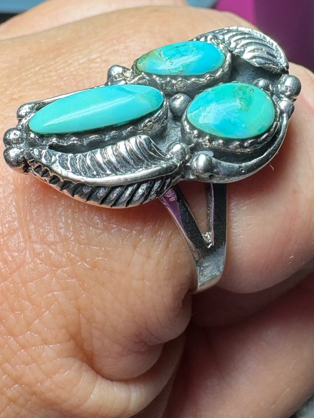 Turquoise Triple-Stone Silver Ring. Size 10.5 - Picture 2 of 6